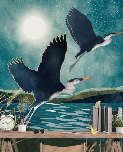 Navy herons flying over a blue river with a turquiose sky