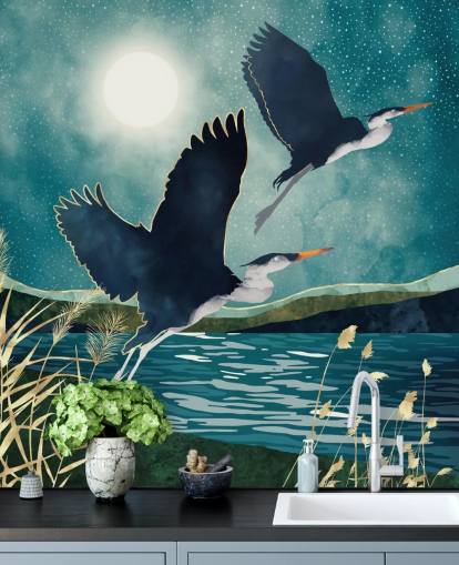 Navy herons flying over a blue river with a turquiose sky Navy herons flying over a blue river with a turquiose sky