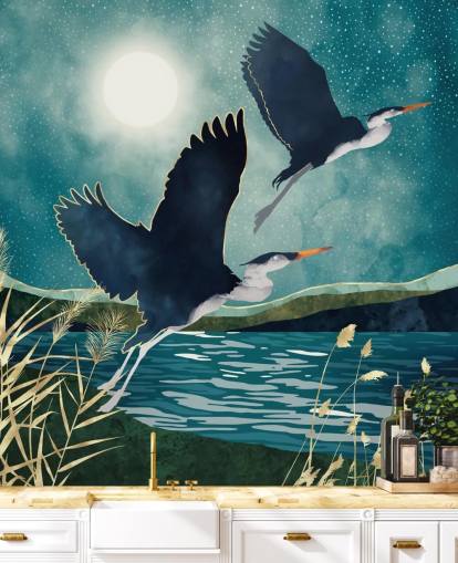 Navy herons flying over a blue river with a turquiose sky