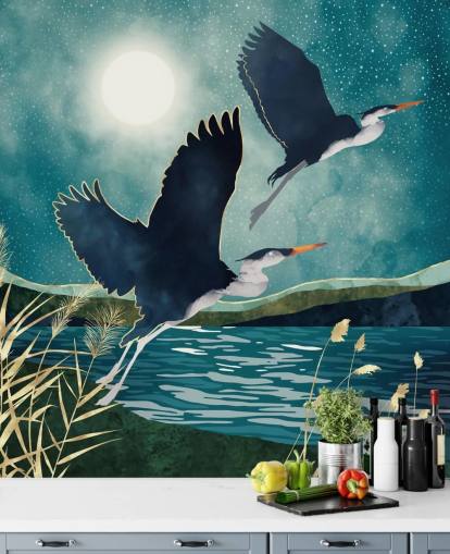 Navy herons flying over a blue river with a turquiose sky Navy herons flying over a blue river with a turquiose sky