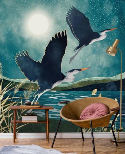 Garzas marinas volando sobre un río azul con un cielo turquesa