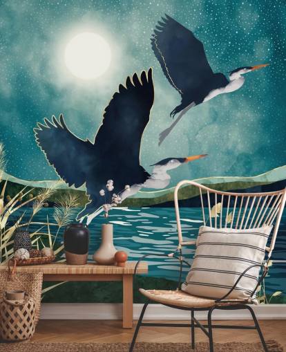Navy herons flying over a blue river with a turquiose sky