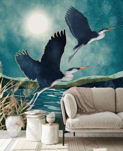 Navy herons flying over a blue river with a turquiose sky