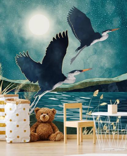 Navy herons flying over a blue river with a turquiose sky