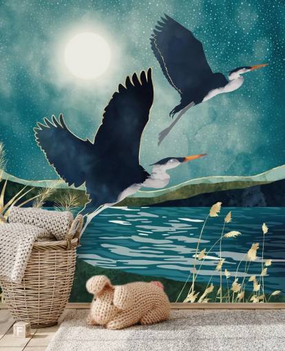 Navy herons flying over a blue river with a turquiose sky