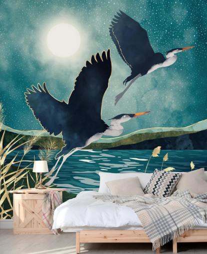 Garzas marinas volando sobre un río azul con un cielo turquesa