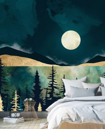 Ciel bleu foncé avec une lune blanche sur une forêt sombre et des montagnes