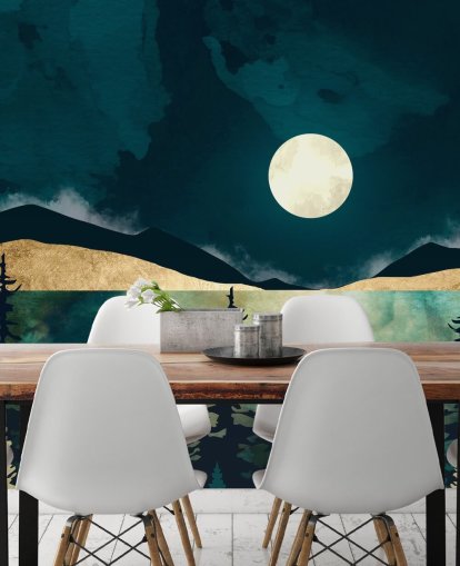 Dark blue sky with a white moon over a dark forest and mountains