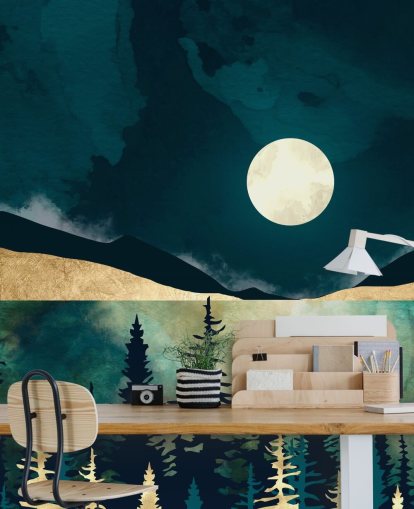 Dark blue sky with a white moon over a dark forest and mountains