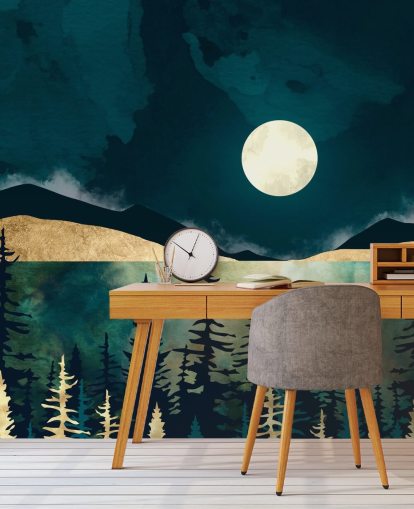 Dark blue sky with a white moon over a dark forest and mountains