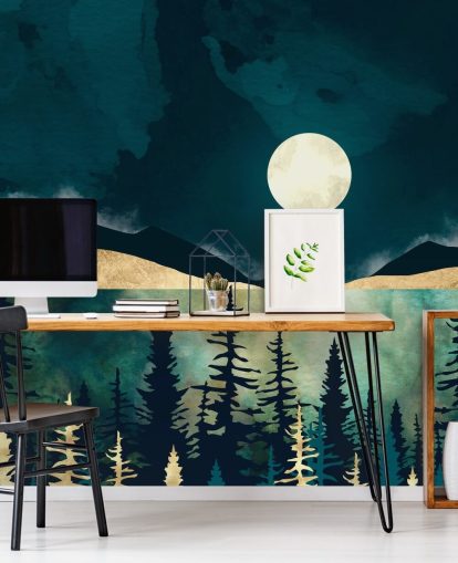 Dark blue sky with a white moon over a dark forest and mountains Dark blue sky with a white moon over a dark forest and mountains