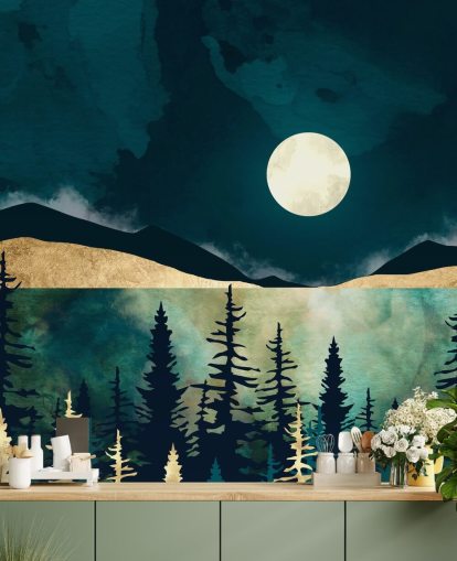 Dark blue sky with a white moon over a dark forest and mountains Dark blue sky with a white moon over a dark forest and mountains