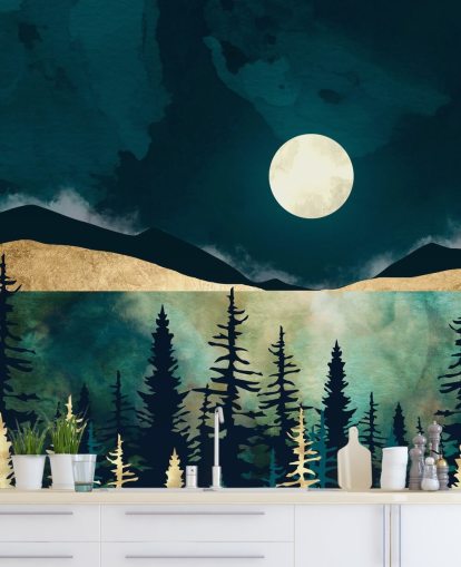 Dark blue sky with a white moon over a dark forest and mountains