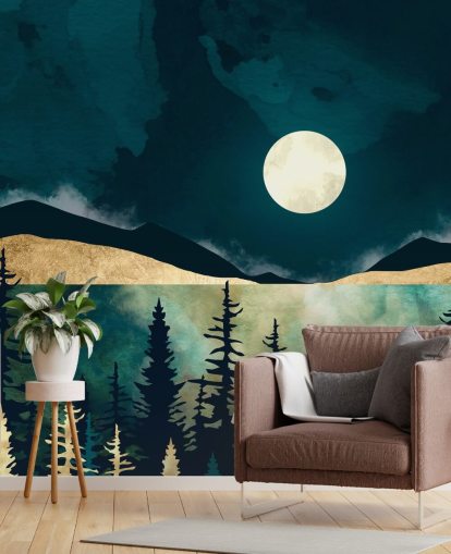 Dark blue sky with a white moon over a dark forest and mountains