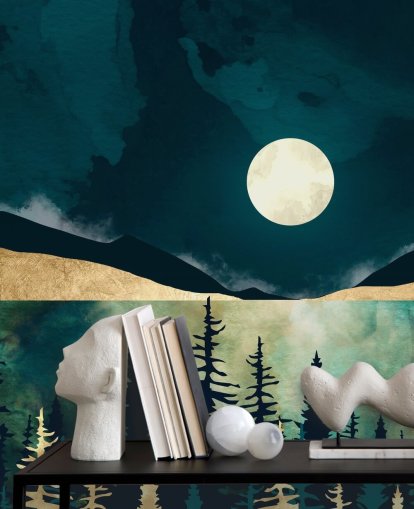 Dark blue sky with a white moon over a dark forest and mountains