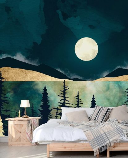 Cielo blu scuro con una luna bianca su una foresta oscura e montagne Cielo blu scuro con una luna bianca su una foresta oscura e montagne