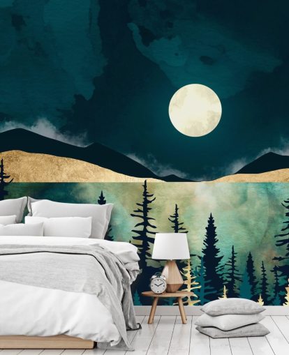 Cielo azul oscuro con una luna blanca sobre un bosque oscuro y montañas Cielo azul oscuro con una luna blanca sobre un bosque oscuro y montañas