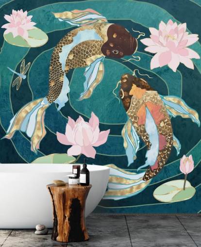 Gold and brown fish swinning in a blue pond with pink flowers