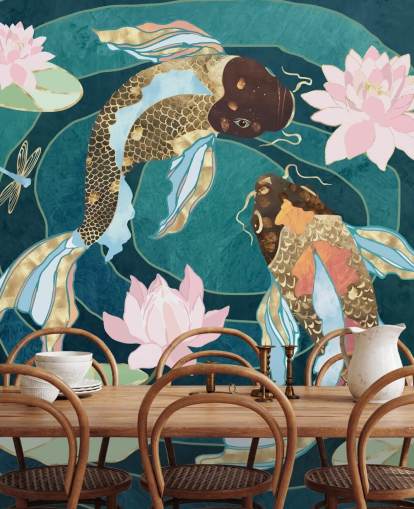 Gold and brown fish swinning in a blue pond with pink flowers