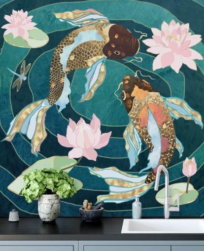 Gold and brown fish swinning in a blue pond with pink flowers