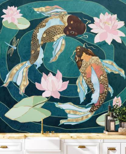 Gold and brown fish swinning in a blue pond with pink flowers