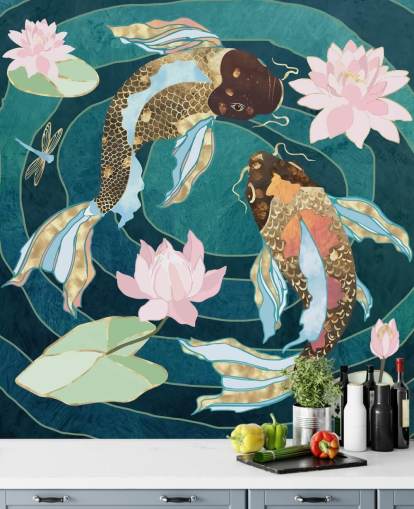 Gold and brown fish swinning in a blue pond with pink flowers