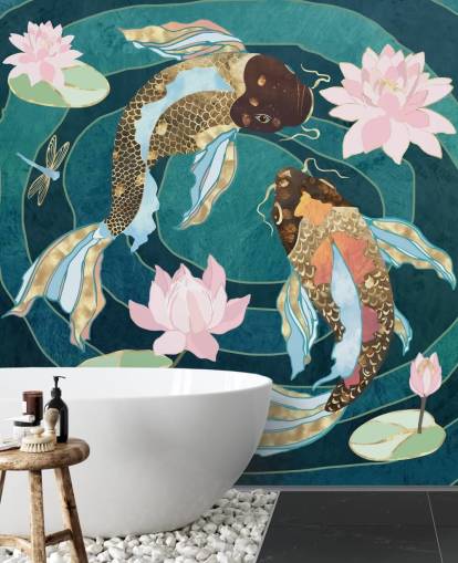 Gold and brown fish swinning in a blue pond with pink flowers