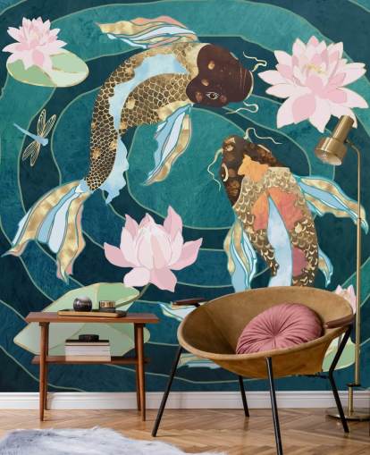 Gold and brown fish swinning in a blue pond with pink flowers