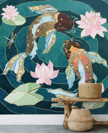 Gold and brown fish swinning in a blue pond with pink flowers