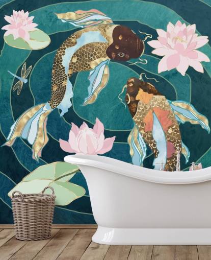 Gold and brown fish swinning in a blue pond with pink flowers