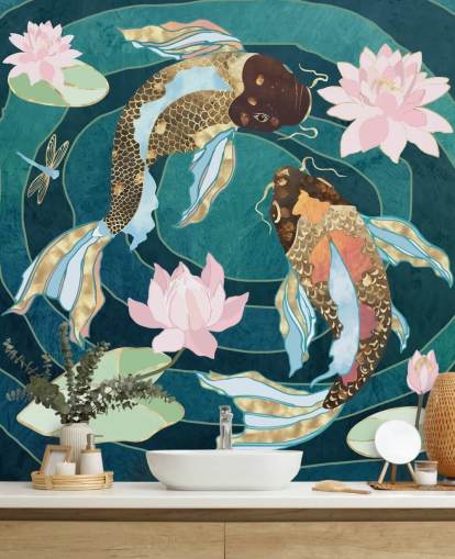Gold and brown fish swinning in a blue pond with pink flowers