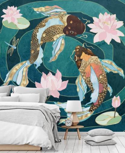 Gold and brown fish swinning in a blue pond with pink flowers