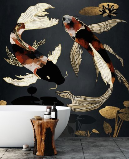 musta mukautettu koi-taustakuva nimeltä Metallic Koi IV by SpaceFrog Designs kylpyhuoneisiin musta mukautettu koi-taustakuva nimeltä Metallic Koi IV by SpaceFrog Designs kylpyhuoneisiin