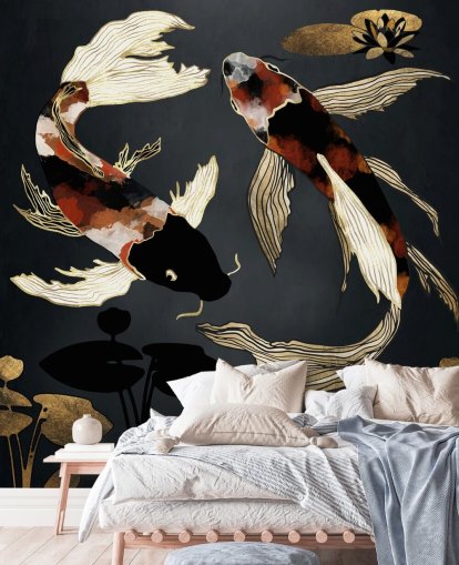 papier peint koï personnalisé noir appelé Metallic Koi IV par SpaceFrog Designs pour salles de bain