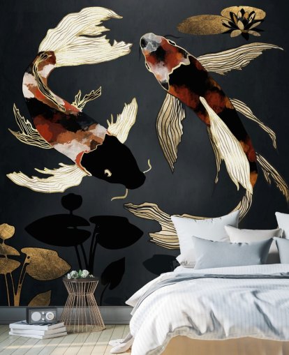svart anpassad koi tapet kallad Metallic Koi IV av SpaceFrog Designs för badrum