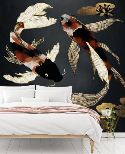 black custom koi wallpaper called Metallic Koi IV by SpaceFrog Designs for bathrooms