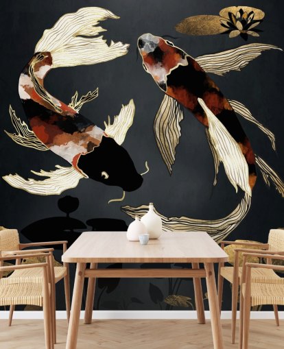 zwart koibehang op maat genaamd Metallic Koi IV van SpaceFrog Designs voor badkamers zwart koibehang op maat genaamd Metallic Koi IV van SpaceFrog Designs voor badkamers