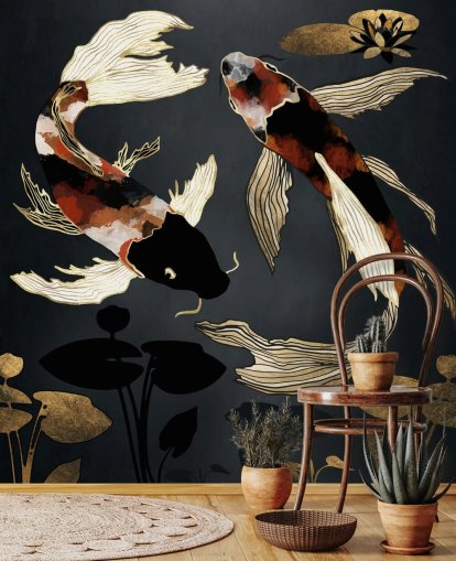 schwarze maßgeschneiderte Koi-Tapete namens Metallic Koi IV von SpaceFrog Designs für Badezimmer