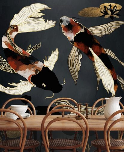 black custom koi wallpaper called Metallic Koi IV by SpaceFrog Designs for bathrooms