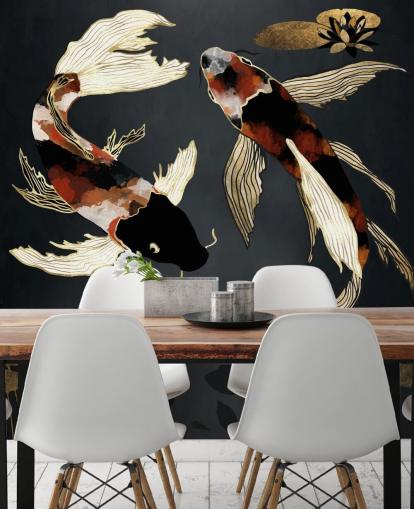zwart koibehang op maat genaamd Metallic Koi IV van SpaceFrog Designs voor badkamers
