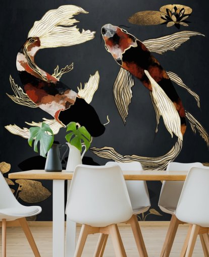 black custom koi wallpaper called Metallic Koi IV by SpaceFrog Designs for bathrooms