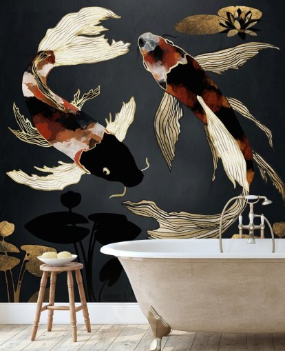 schwarze maßgeschneiderte Koi-Tapete namens Metallic Koi IV von SpaceFrog Designs für Badezimmer