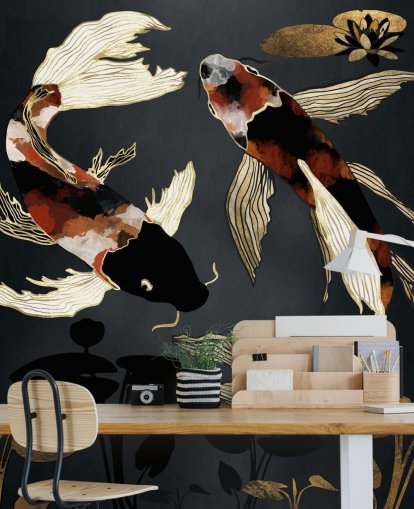 black custom koi wallpaper called Metallic Koi IV by SpaceFrog Designs for bathrooms