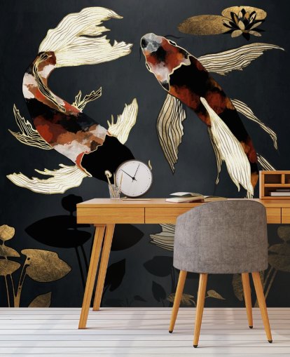 papel pintado koi personalizado negro llamado Metallic Koi IV de SpaceFrog Designs para baños