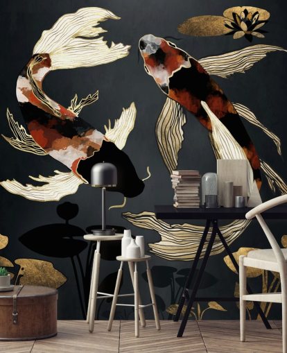 black custom koi wallpaper called Metallic Koi IV by SpaceFrog Designs for bathrooms