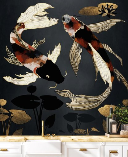 black custom koi wallpaper called Metallic Koi IV by SpaceFrog Designs for bathrooms
