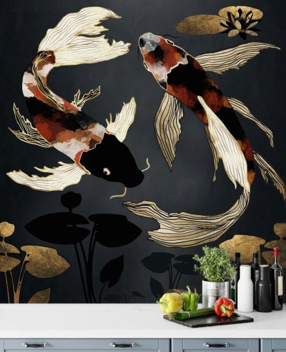 schwarze maßgeschneiderte Koi-Tapete namens Metallic Koi IV von SpaceFrog Designs für Badezimmer