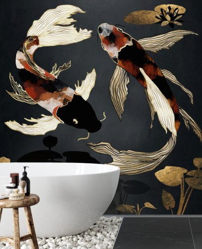 sort brugerdefineret koi tapet kaldet Metallic Koi IV af SpaceFrog Designs til badeværelser