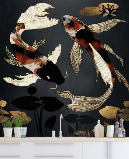 zwart koibehang op maat genaamd Metallic Koi IV van SpaceFrog Designs voor badkamers zwart koibehang op maat genaamd Metallic Koi IV van SpaceFrog Designs voor badkamers