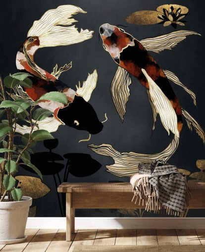 svart anpassad koi tapet kallad Metallic Koi IV av SpaceFrog Designs för badrum